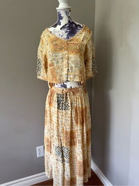 Papillon Yellow Patchwork Bohemian Two Piece Set With Floral Print 100% Rayon
